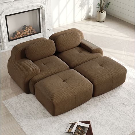 Canapé modulable 2 places avec chaise longue, tissu en velours côtelé marron HAVRYA (1/5)
