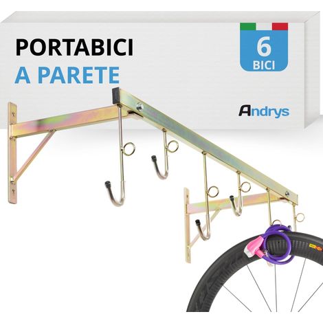 ANDRYS - Portabici a Parete Smontabile da Esterno ed Interno con Anelli per Lucchetto Antifurto, con Tappi in Pvc Nero, in Acciaio, Colore Tropical Oro, 78 x 37 x 28 cm, 6 Posti