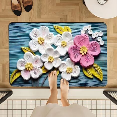 Rutschfester und superabsorbierender Badteppich aus Kieselgur – Elegantes blaues Blumenmuster, schmutz- und verschleißfest – Ideal für den Badezimmereingang (40 x 60 cm)-lsw