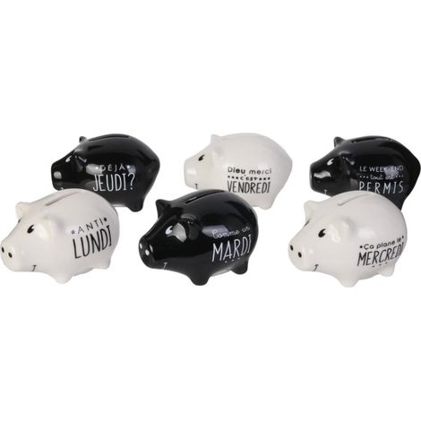 Lot de 6 Tirelires "Cochon Semainier" 7cm Noir & Blanc (1/5)