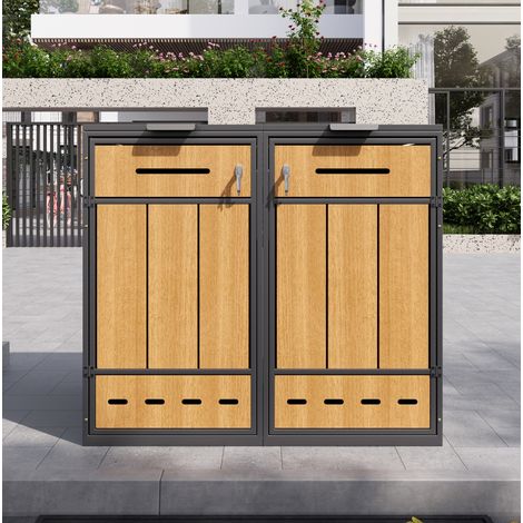 Cache-poubelles extérieur 2 bacs 120 à 240 L en acier, gris et aspect bois, verrouillable OKMYHOME (1/5)