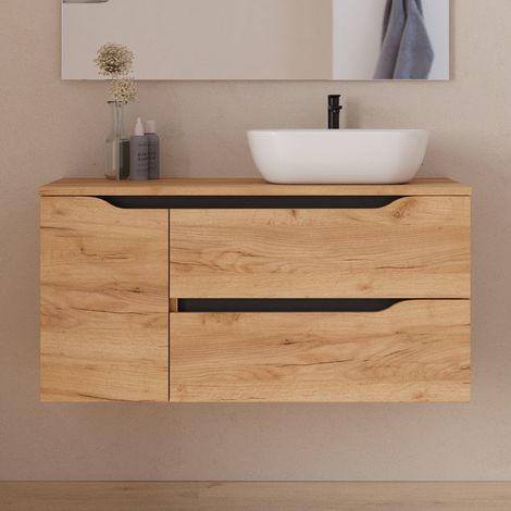 Meuble de salle de bain 100cm avec plateau et vasque à poser déportée à droite Zeus - sans miroir - 2 tiroirs et un placard - roble (chêne clair) - ZARZA