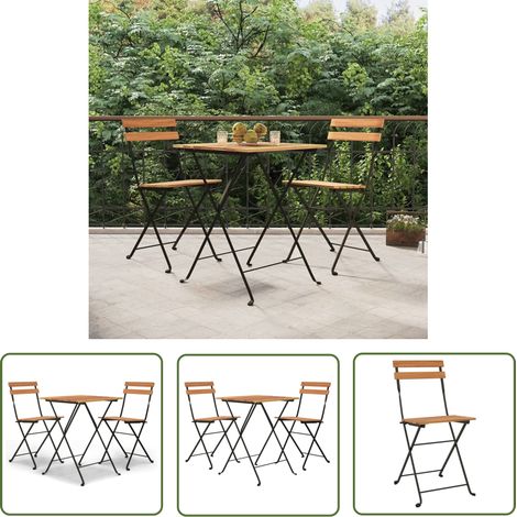 The Living Store Ensemble de bistro pliable 3 pcs Bois de teck massif et acier - Meubles De Jardin - Salon De Jardin - Set De Bistro - Table Pliante - Chaises Pliantes (1/5)