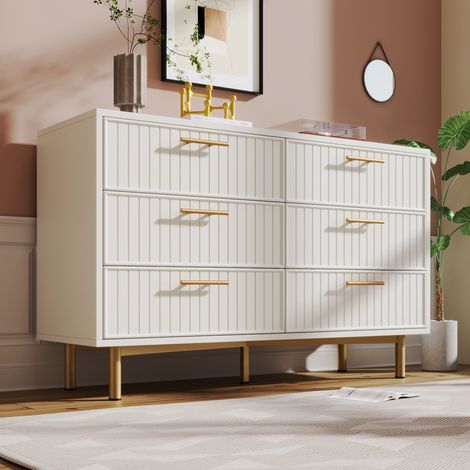 URBAN MEUBLE Commode blanc design rayuré 6 tiroirs détails dorés 120x40x75cm