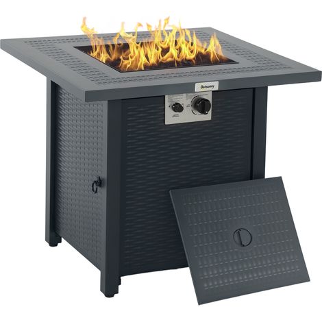 Outsunny Outdoor Square Fire Pit Table w/ Lid and Lava Rocks Dark Grey