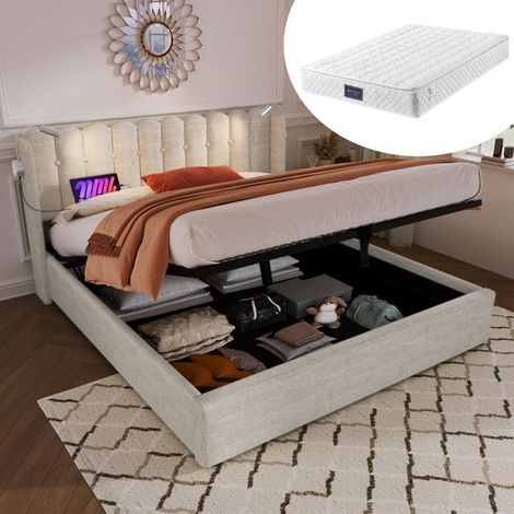 Cama con canapé doble 145x206x103 cm de lino beige con LED y USB, sin colchón – MEUBLIV (1/5)