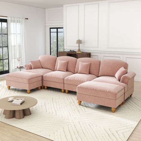 Klassisches U-förmiges modulares 4-Sitzer Sofa aus Chenille mit Trichter-Armlehnen, abnehmbarer Rüschenschürze, spindelförmigen Beinen & beweglichem Hocker – Weiches Cloud-Sofa fürs Wohnzimmer, rosa