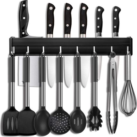 Hängeleiste Küchenreling Hängeleiste mit 8 Beweglichen Haken für Kochzubehör Küchenuten, Küchenutensilienhalter, Aluminium Hängeleiste Küche, 49cm/19.3in (1/5)