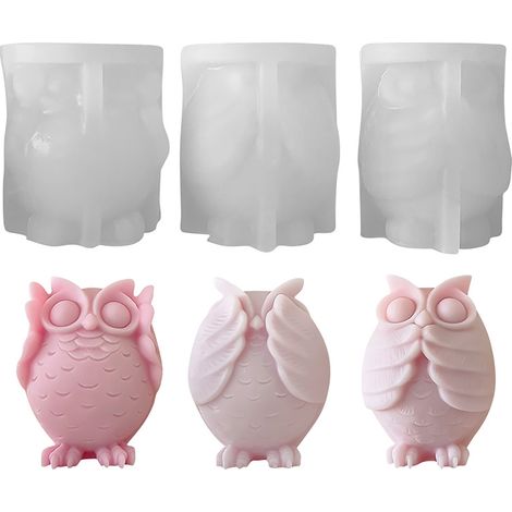 Stampo in silicone 3D a forma di gufo per candele profumate - Modello fai da te per sapone fatto a mano, statuetta in gesso - Set di 3 modelli (occhi, orecchie, bocca coperta) (1/4)