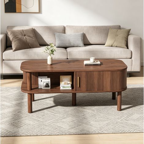 Table basse 110x55x45 cm marron en MDF avec rangement, porte coulissante, style scandinave (1/5)