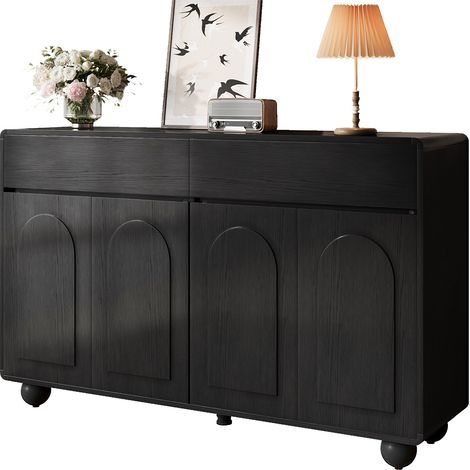 Buffet de salon à portes cintrées, meuble de rangement moderne en panneaux de particules et MDF, pieds ronds en métal (1/5)
