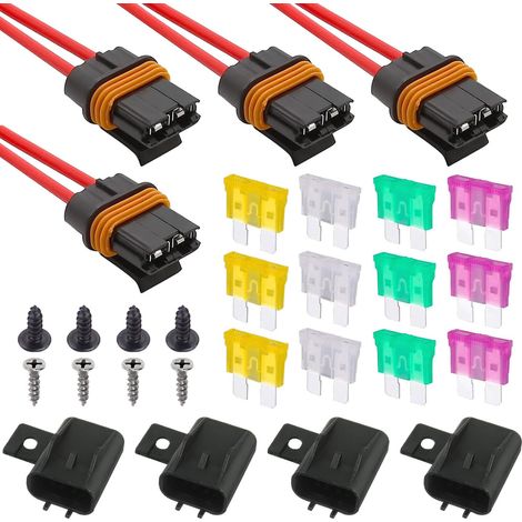 4 Pièces Car Voiture Porte-fusible, Porte-fusibles Véhicule Automobile avec Câble de 18cm 12AWG + 12 Pièces 20A/25A/30A/35A Fusible Plat Très Haut de Gamme Étanchéité