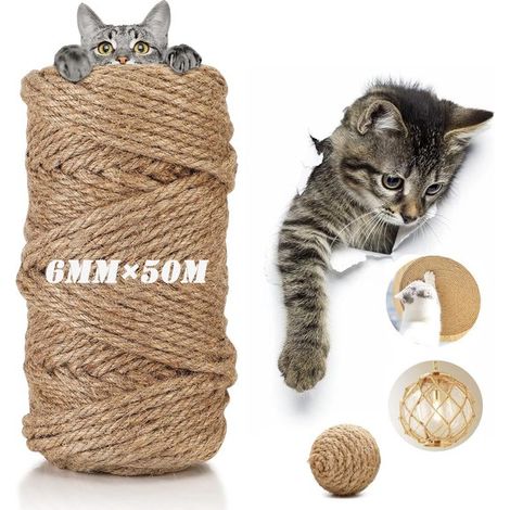 Corde en sisal naturel 6 mm x 50 m – Corde pour griffoir et arbre à chat – Pour animaux décoration bricolage DIY et travaux manuels (1/5)
