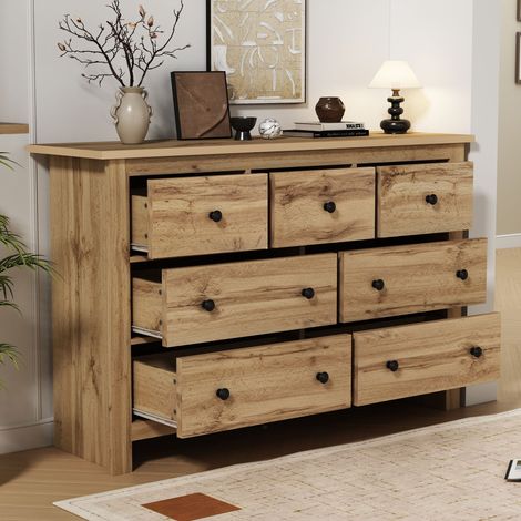Cómoda con 7 cajones 152x40x89cm, aparador, entrada/cocina/dormitorio/salón, natural (1/5)