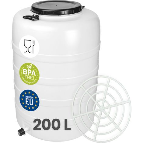 Garronda Fût Alimentaire 200 L robinet + grille de presse Plastique HDPE Tonneau Baril Grande Ouverture pour Eau, Stockage et Fermentation Recupérateur d Eau de Pluie GD-0187 Blanc
