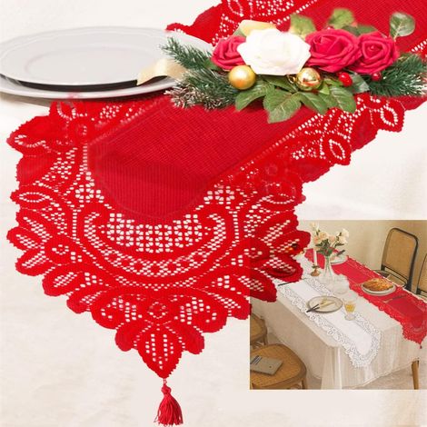 JSSEVN - Red Woven Table Runner, Vintage Decoration, Rectangular Christmas Fabric Table Runner, for Wedding, Baptism, Communion Decoration, 33X183CM, Red (1/4)