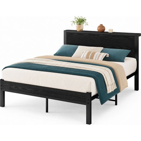 Letto piattaforma in metallo 140x200 cm con testiera contenitore, nero (1/5)