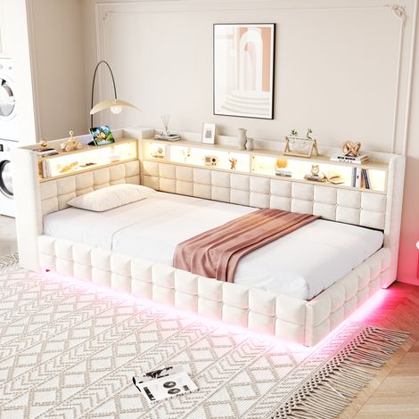 Cama diván capitoné 90 x 200 cm en terciopelo beige, arcón hidráulico, LED, USB-C - OKWISH (1/5)