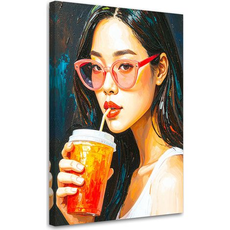 Modern Wandbild Mädchen mit Brille die Kaffee trinkt 40x60 cm (1/5)