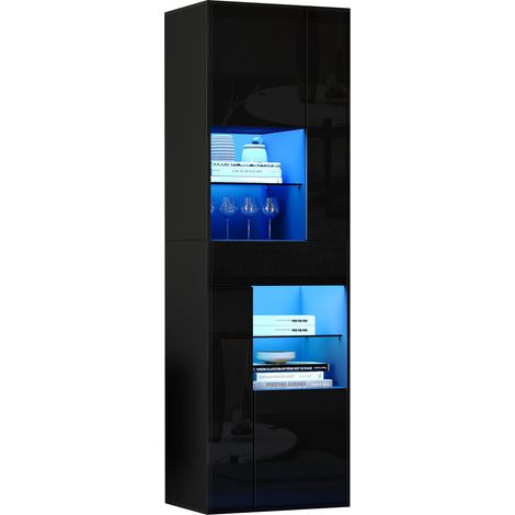 Vitrine haute 55x38x170 cm avec 1 tiroir, 4 placards, 11 espaces de rangement, LED contrôlée par application, finition brillante noire  CHICFURN (1/5)