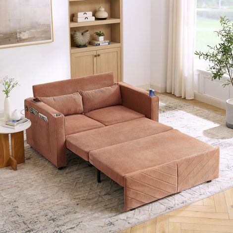 Canapé lit salon convertible USB bois orange 2 places HAVRYA (1/5)