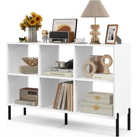 GOPLUS Meuble à Casier 6 Cubes-Bibliothèque Étagère Ouverte à 3 Niveaux-5 Pieds en Métal-120x35x79,5cm Charge 150KG Blanc (1/5)