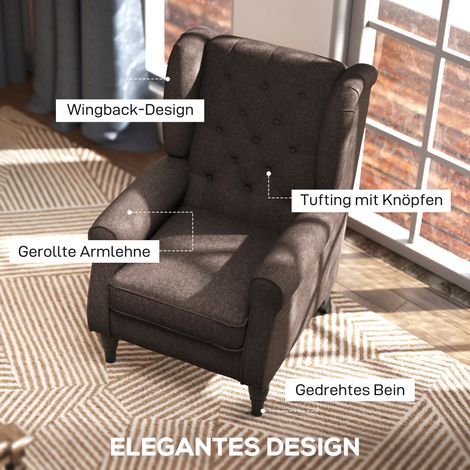 Fauteuil HOMCOM à oreilles, coussins rembourrés, capitonné, dossier haut sur pieds bois, assise relaxante pour salon, chambre, marron (1/4)