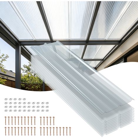Randaco 10 plaques ondulées FRP transparentes 50x160 cm, ép. 1 mm, anti-UV et intempéries, avec vis, pour serre carport abri