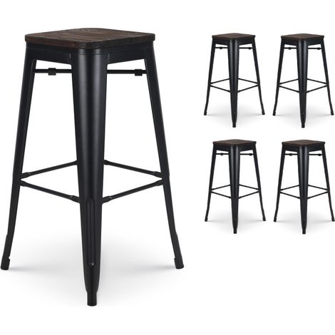 Set mit 4 Barhockern aus mattschwarzem Metall im Industriestil und Sitz aus dunklem Holz - Höhe 76 cm