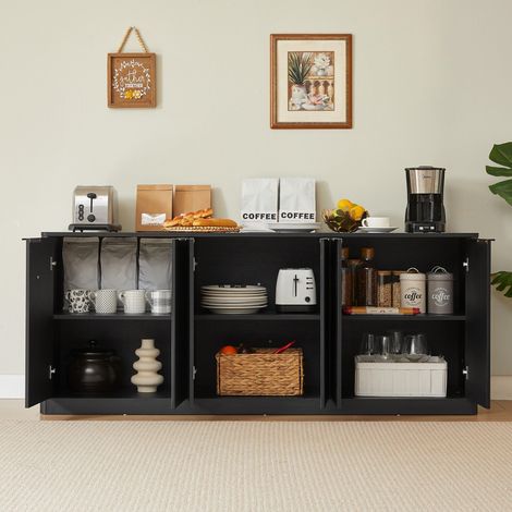 Buffet bas de salon, 170x40x70.5cm, Meuble de rangement moderne avec portes ondulées, Grand buffet 6 portes en MDF pour cuisine et séjour, Noir (1/5)