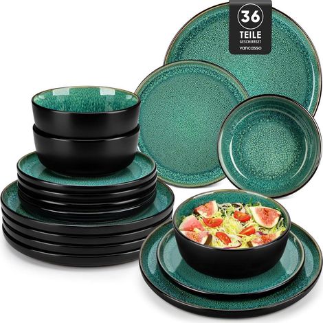 Service de table 36 pièces en grès pour 12 personnes, vert, avec assiettes, bols et coupelles, passe au lave-vaisselle et au micro-ondes (1/5)