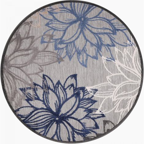 Tapis extérieur kilim Ø150cm gris et bleu rond CHIMEKO