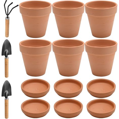 Lot de 6 petits pots de fleurs, en terre cuite, 10 x 10 cm, avec soucoupe et trou de drainage, pour plantes, bricolage, cadeau de mariage (1/5)