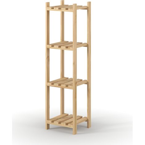 4 Tier Square Shelf Narrow Slatted Storage Unit - Pine - L27 x W29 x H108 cm - Natural Sanded Pine
