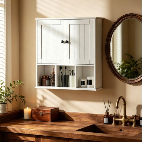 Armadietto pensile bagno 60x19,5x60 cm in MDF bianco con vano contenitore (1/5)