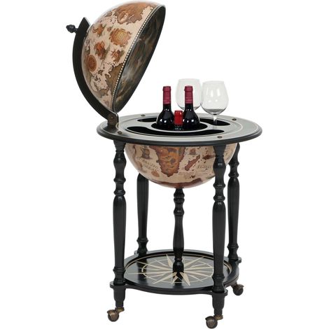 Mini Bar Roulant Globe terrestre, bar de salon HHG-837, minibar roulant, bois d'eucalyptus