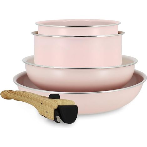 Stackable removable cookware - Suitable for all heat sources, including induction - ceramic coating - Pink colour - 2 frying pans + 2 saucepans + 1 handle (1/5)