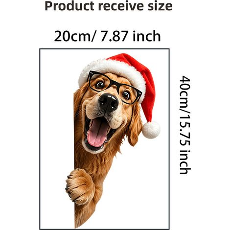Golden Retriever portant un bonnet de Père Noël - Autocollant statique pour centres commerciaux, magasins et portes vitrées - Adorable autocollant décoratif pour vitrine - JDT6033 (2040cm)
