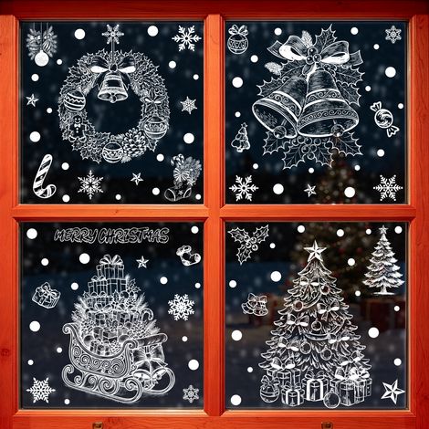 Autocollants de Noël, traîneau, boîte cadeau, autocollants pour vitres, flocons de neige blancs, sapin de Noël, autocollants électrostatiques, décorations de fenêtre, autocollants pour fenêtres.