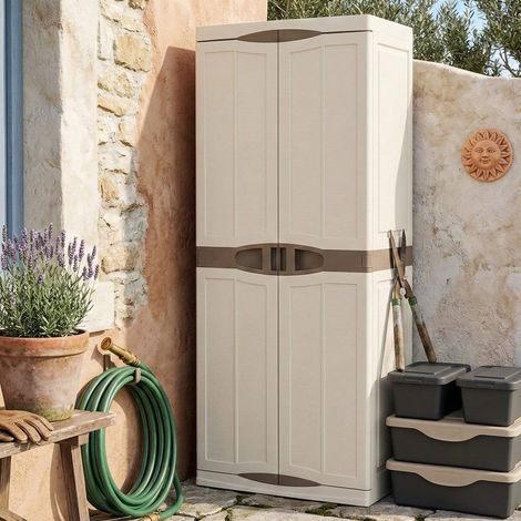 Dmora - Armadio da esterno Ipno, Armadio balcone multiuso, Mobile porta scope 2 ante, 100% Made in Italy, 70x47h178 cm, Beige e Marrone, Finitura elegante (1/5)
