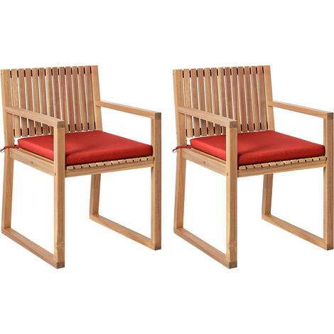 Set di 2 sedie da pranzo da giardino per esterni in legno d'acacia con cuscini rosso Sassari II