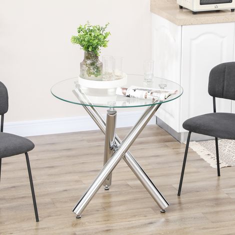 Table de salle à manger ronde, plateau en verre trempé, design sans cadre, pour 2 à 4 personnes, pieds en acier, 80 x 80 x 74 cm (1/5)