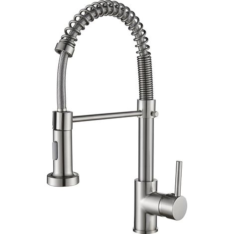 Robinet de Cuisine , Robinet à Ressort avec Douchette Extractible, 2 Modes de Distribution, Mitigeur Monocommande pour Évier à Arc Haut (Nichel Brossé) (1/5)