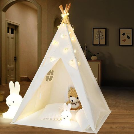 Teepee Child with Lights, Children's Teepee Tent Baby Indoor Outdoor, Indian Teepee Portable Play House Tent for Girls Indoor and Outdoor Games (White) (1/5)
