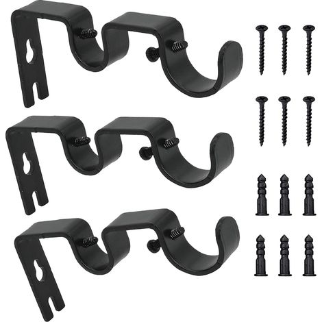 3pcs Supports de Tringle à Rideau, Support Mural Réglable Tringle, Double Supports de Pôle Rideau, Métal Supports Muraux Tringle Robuste avec Vis Pour Rideau de Fenêtre Murale (Noir) (1/5)