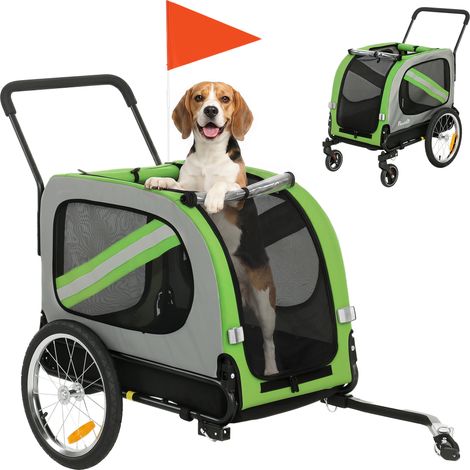 Remorque vélo 2 en 1 pour chien, poussette pliable pour animaux avec ceinture de sécurité et réflecteurs, verte (1/5)