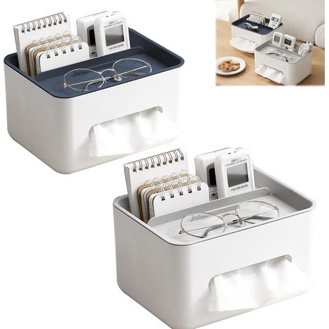 Boîte à mouchoirs multifonctionnelle avec support pour téléphone portable, boîte de rangement de bureau anti-poussière avec couvercle (2 pièces)