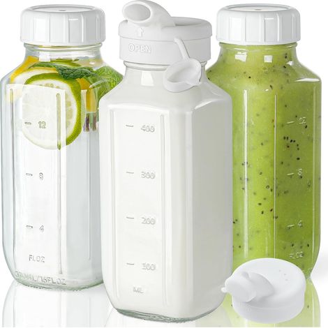 Bouteille En Verre - 473 ml - Couvercle Étanche Avec Joint En Silicone - Marquage De Contenance - Forme Carrée - Embouchure Large - Lot De 3 (1/5)