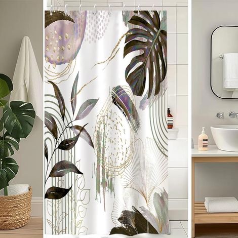1 Rideau de douche, 120x200cm, Polyester imperméable, Motif feuilles de palmier, Avec 8 crochets, Pour salle de bain