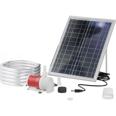1 Pompe solaire, Moteur sans balais, Débit 1100 l/h, Panneau 25 W, Hauteur 5 m, Bassin extérieur